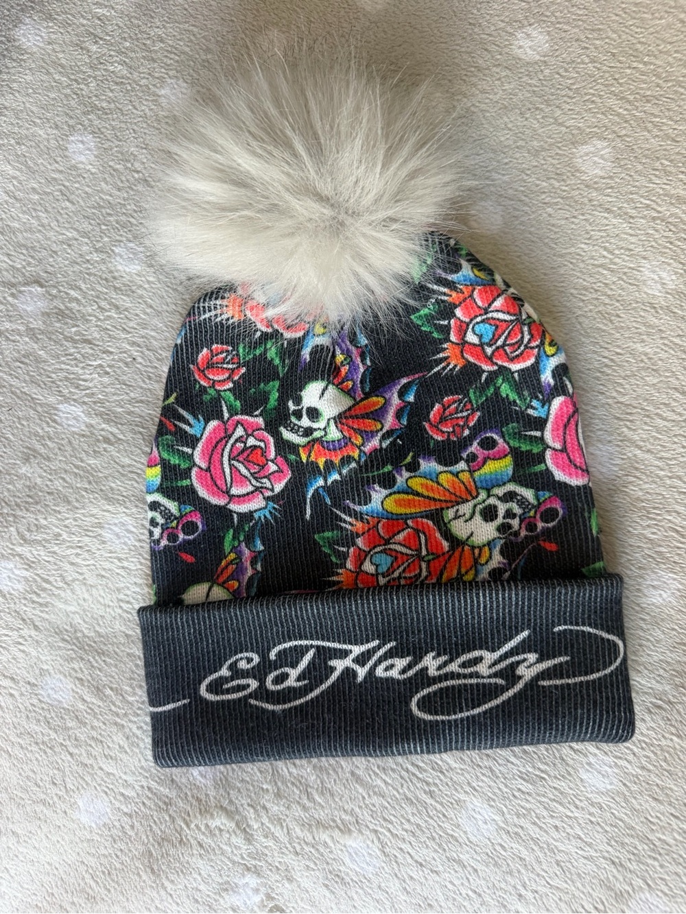Ed Hardy Black Floral & Skull Pom Pom Beanie